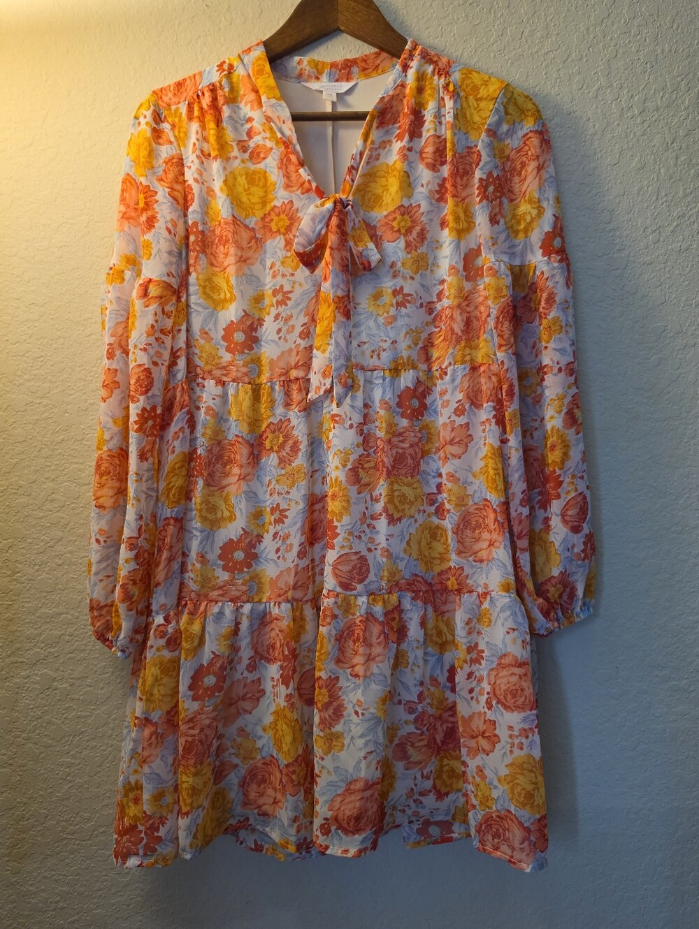 Lauren Conrad Gauze Tiered Mini Dress Womens CS Blue Pink Orange Floral Tie Neck